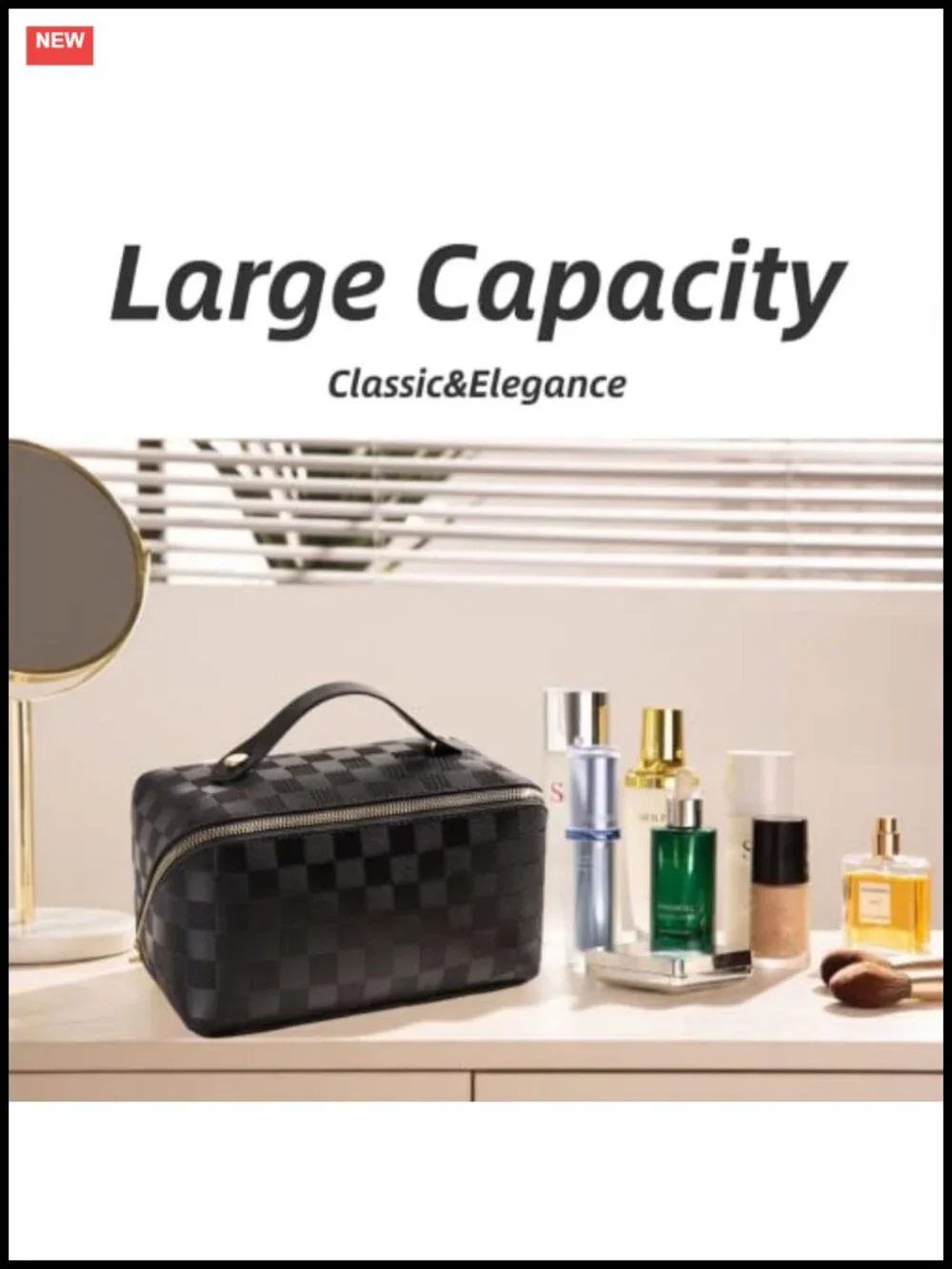 Large Capacity Faux Leather Cosmetic Bag with Divider Pouch & Zipper